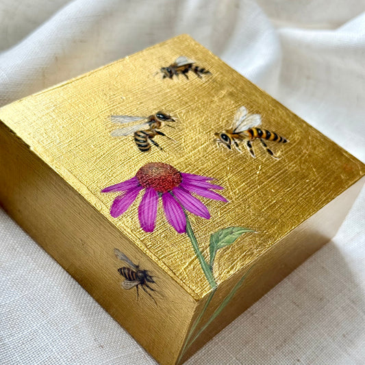 Bees with Coneflower + Gold Leaf