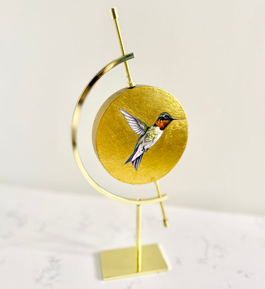 Ruby-throated Hummingbird Oil Painting + Gold Leaf