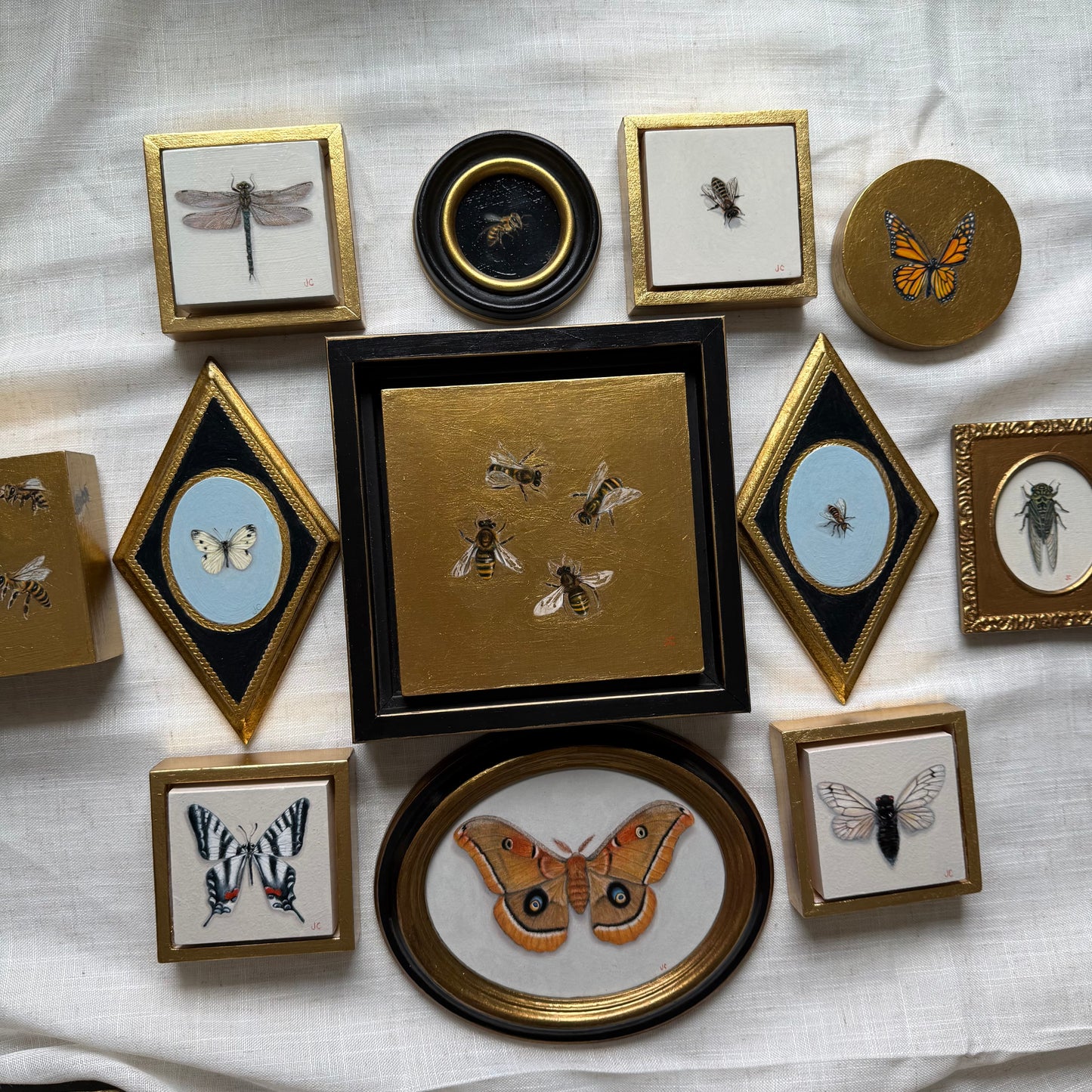 Bees with Coneflower + Gold Leaf