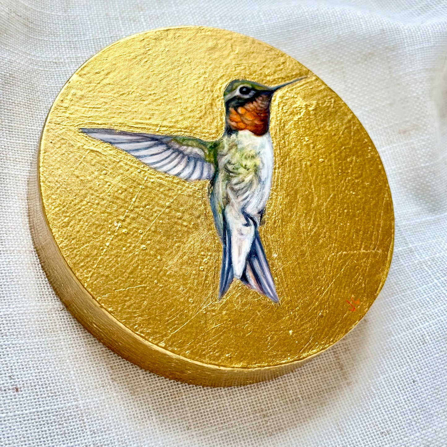 Ruby-throated Hummingbird Oil Painting + Gold Leaf
