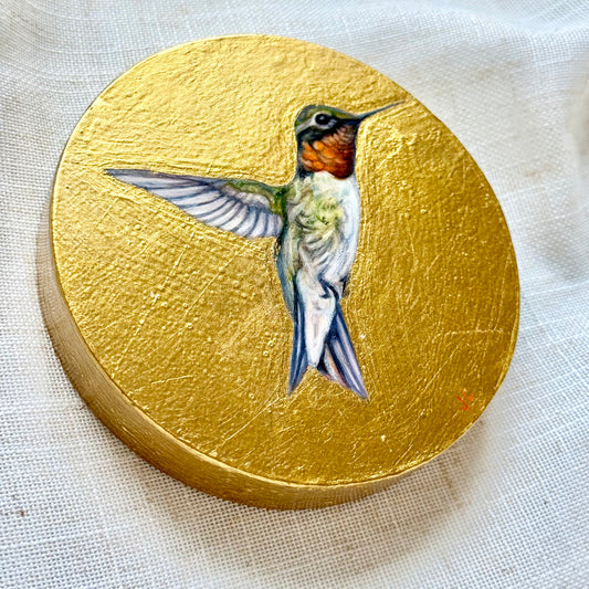Ruby-throated Hummingbird Oil Painting + Gold Leaf