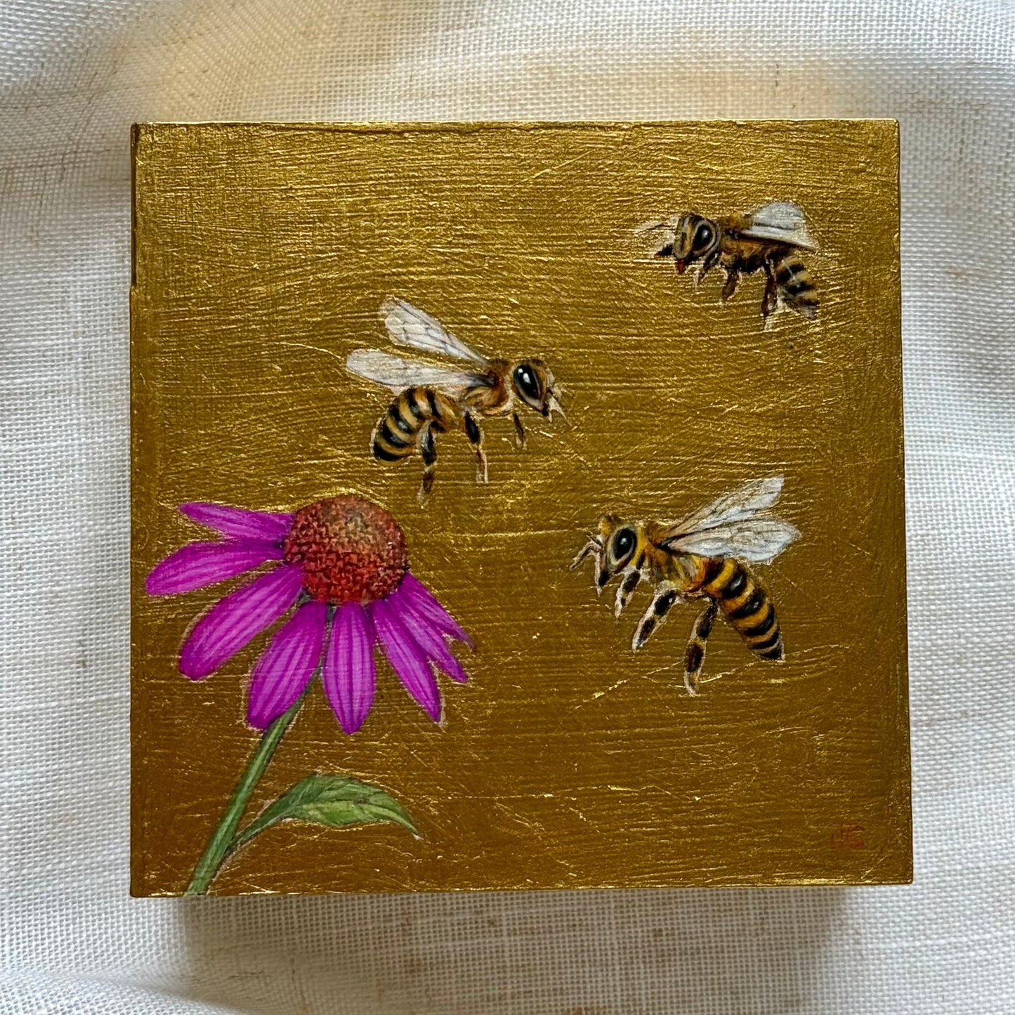 Bees with Coneflower + Gold Leaf
